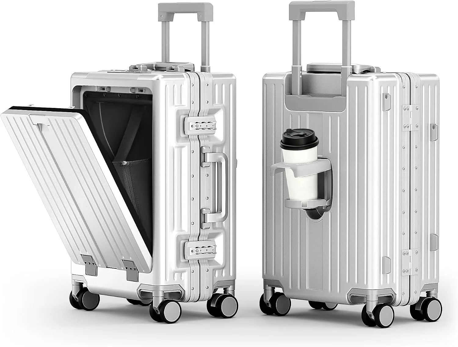 ALPHA CAMP 20 Inch Aluminum Frame Carry-On Luggage, Front Opening Hardside Carry on Suitcase with Quick-Access Front Compartment, Airline Approved with TSA Lock, USB&Type-C Ports, Cup Holder, Silver