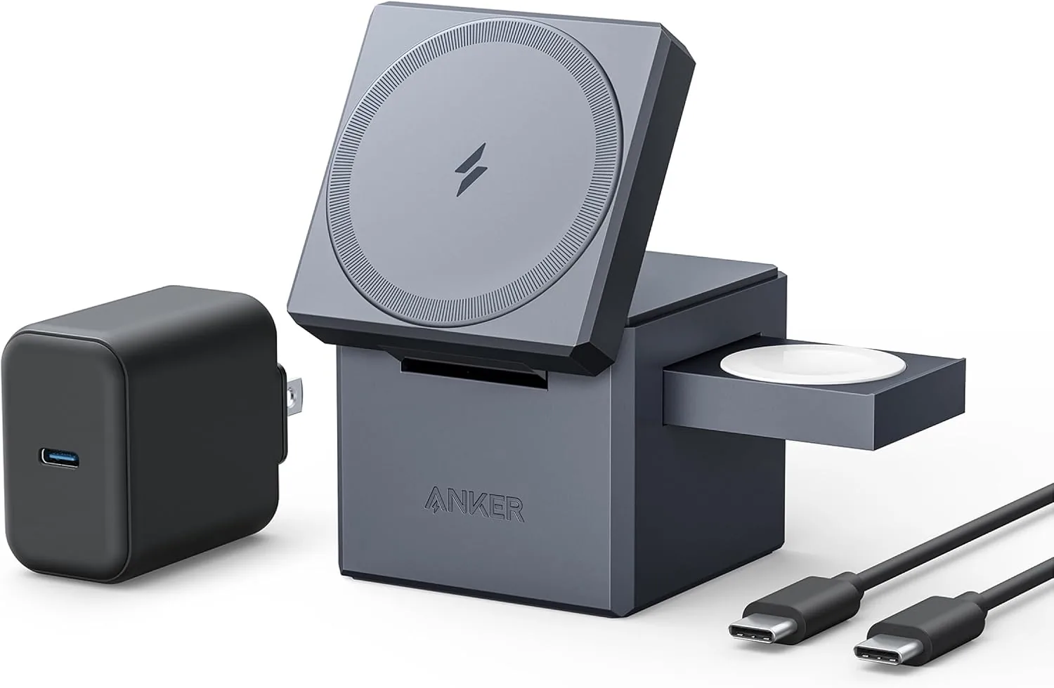 Anker 3-in-1 Cube Wireless Charger, MagSafe Charging Stand, 15W Foldable Fast Charging Station for iPhone 17/16/15, Apple Watch 1-8/Ultra, AirPods (Adapter Included, Non-Battery)
