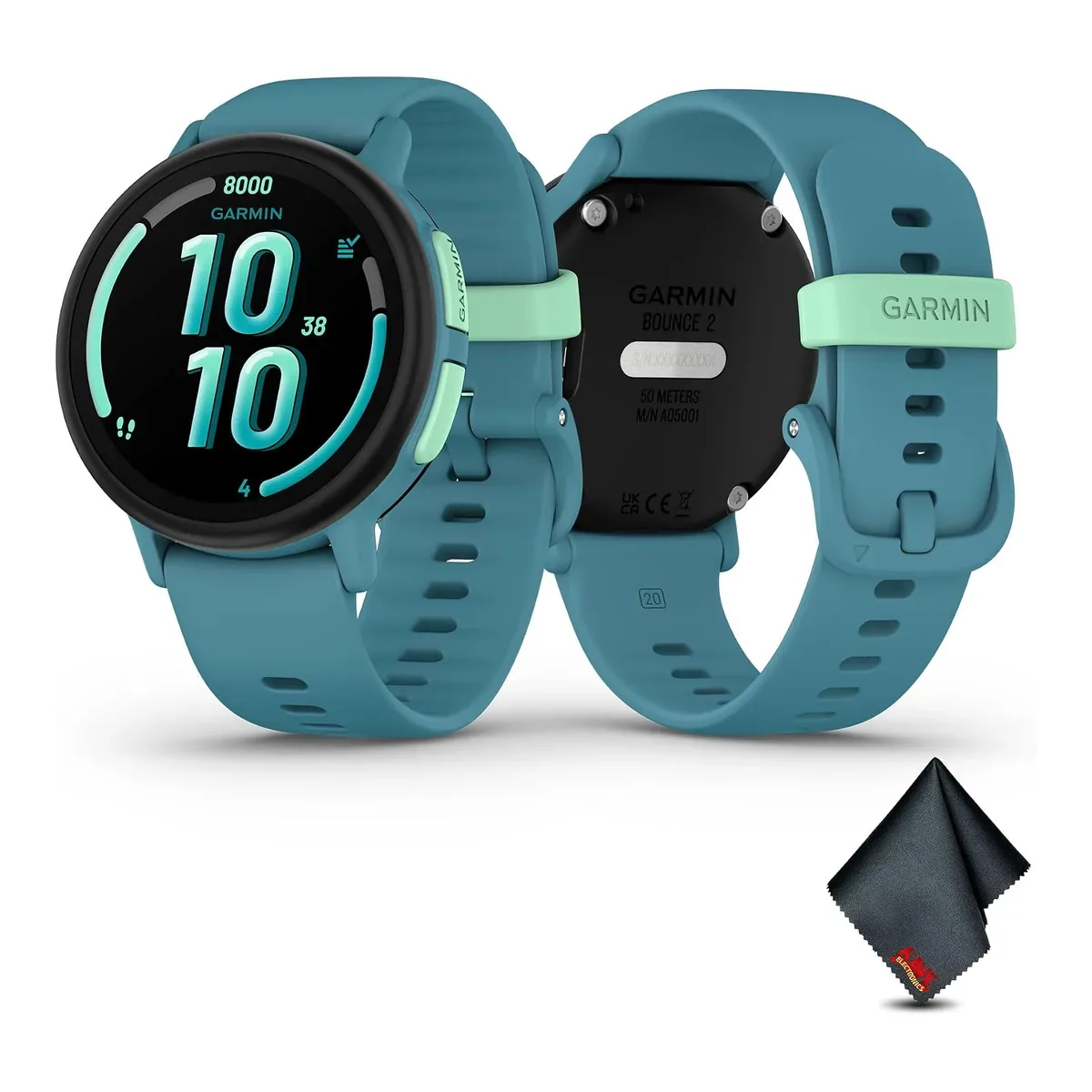 Garmin Bounce 2, Kids Smartwatch with Calling, Messaging and Location Tracking Features, Turquoise Bundle with Microfiber Cleaning Cloth product view