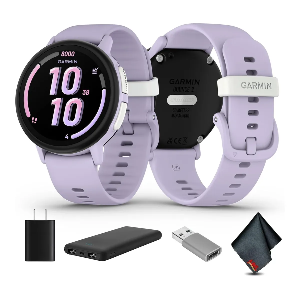 Garmin Bounce 2, Kids Smartwatch with Calling, Messaging and Location Tracking Features, Light Purple Bundle with USB Wall Charger + More product view