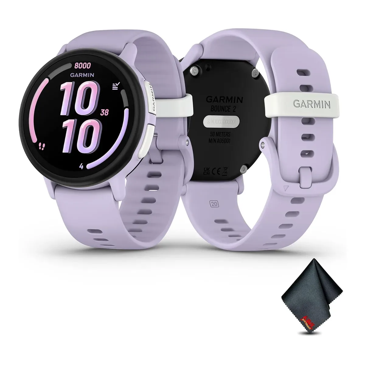 Garmin Bounce 2, Kids Smartwatch with Calling, Messaging and Location Tracking Features, Light Purple Bundle with Microfiber Cleaning Cloth product view