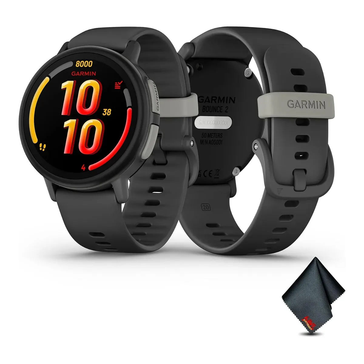 Garmin Bounce 2, Kids Smartwatch with Calling, Messaging and Location Tracking Features, Slate Gray Bundle with Microfiber Cleaning Cloth product view