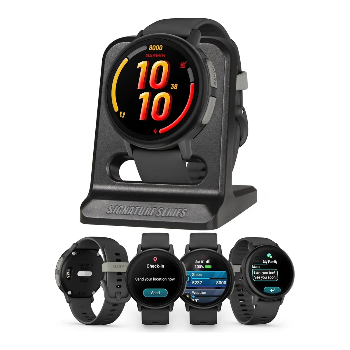 Garmin Bounce 2, Kids Smartwatch with Calling, Messaging and Location Tracking Features, Slate Gray with Signature Series Modern Power Stand product view