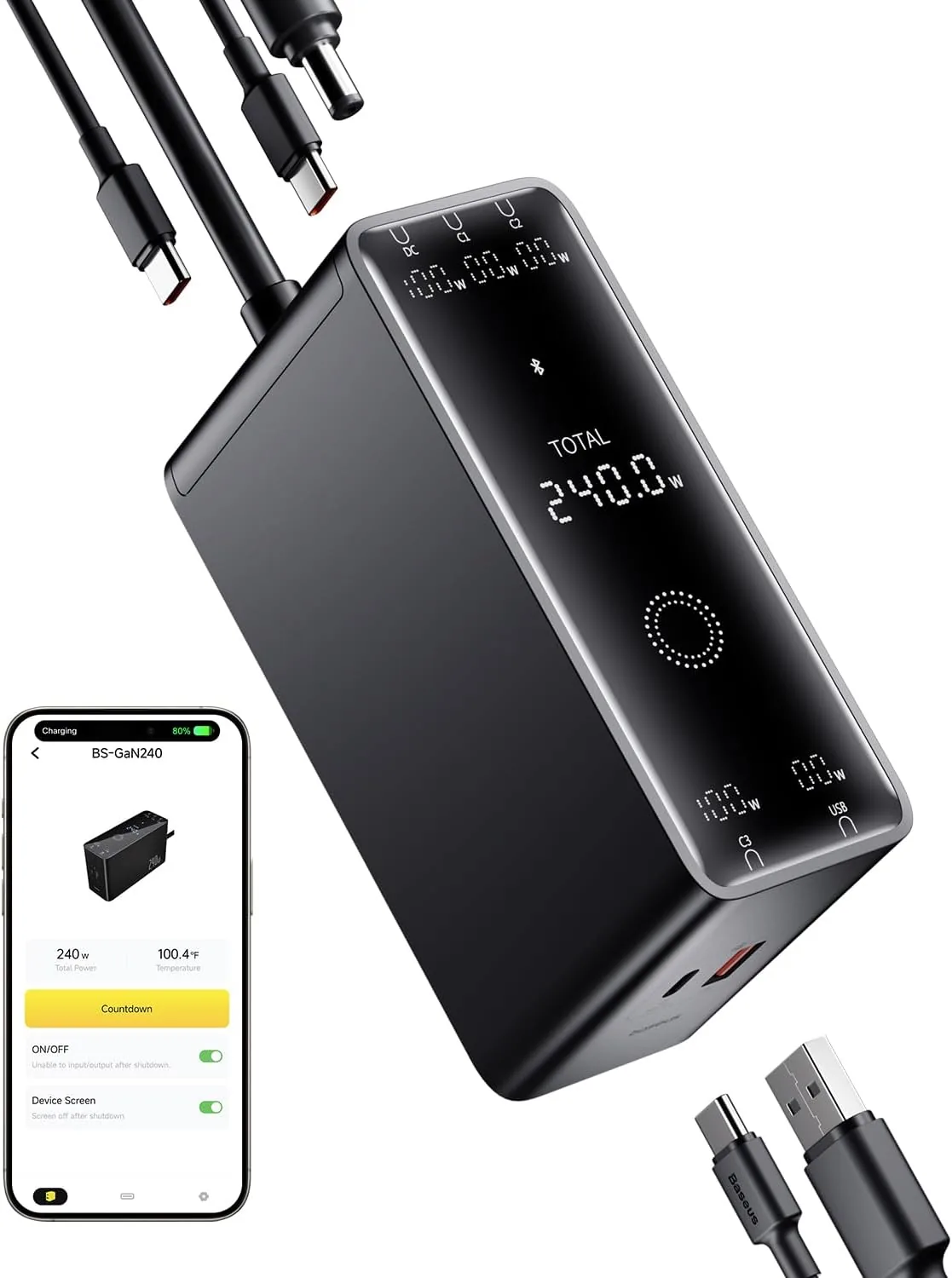 Baseus 240W Smart Charging Station, 5-in-1 Desktop USB C Charger with Digital LED Display, PD 3.1 Dual Laptop Type C Fast Charging for MacBook Pro, Dell XPS, Lenovo, iPhone 16, Galaxy S24