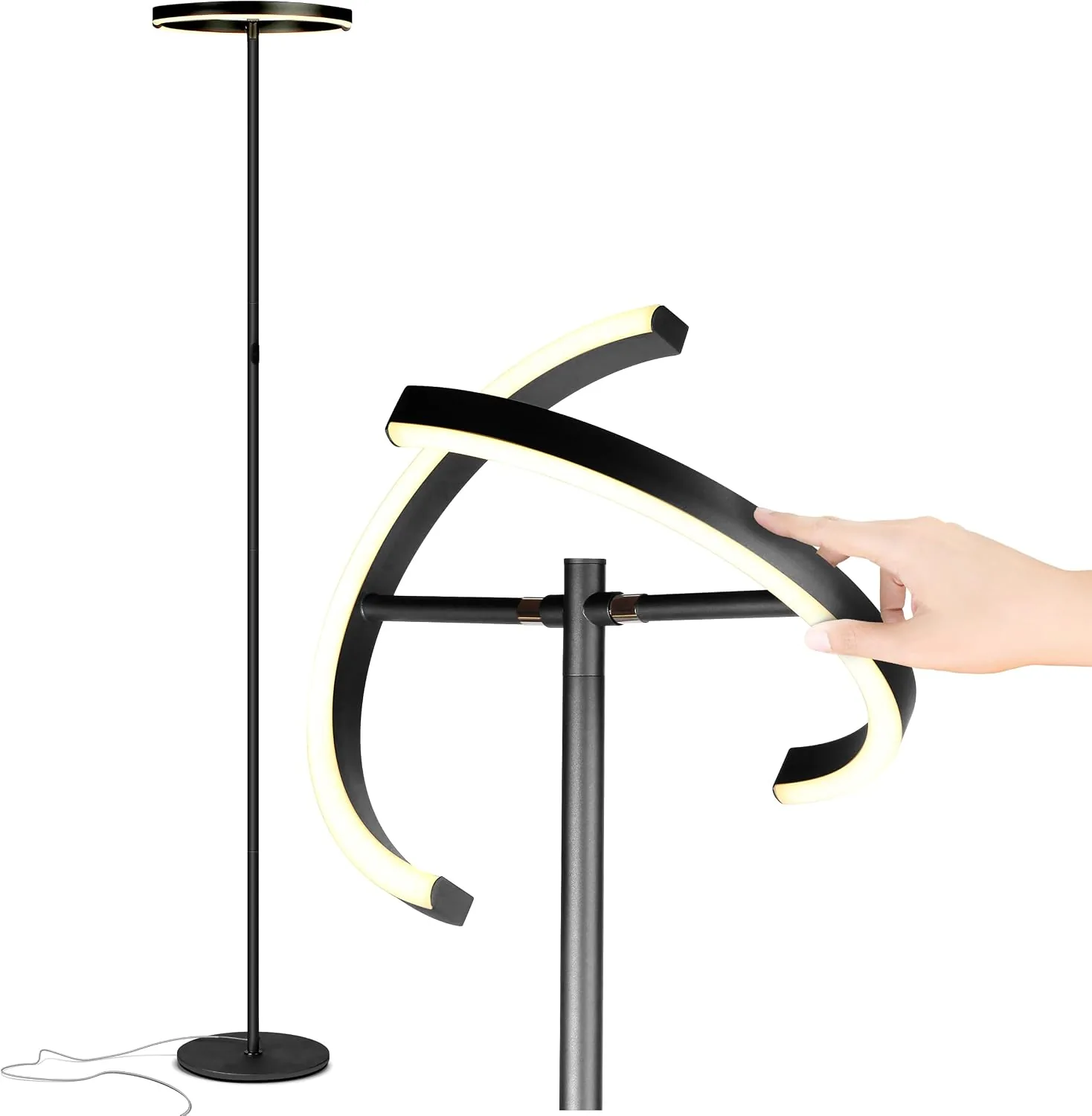 Brightech Halo Split Modern Bright LED Torchiere Floor Lamp for Offices - Dimmable, Tall Standing Lamp for Living Room or Bedroom - Adjustable Light w/Rotating Angles - Jet Black