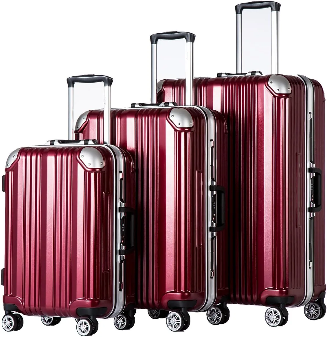 Coolife Luggage Aluminium Frame Suitcase 3 Piece Set with TSA Lock 100%PC (BLACK) (wine red)