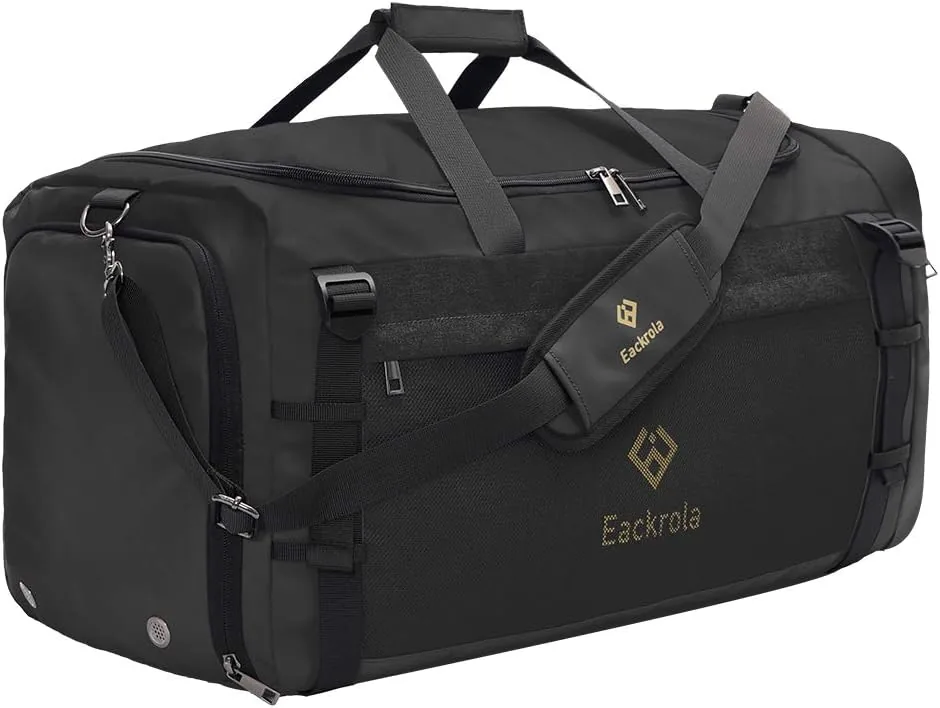 Eackrola Large Sports Gym Bag, Travel Duffel bag with Wet Pocket & Shoes Compartment for men women, 65L, Lightweight(Black)