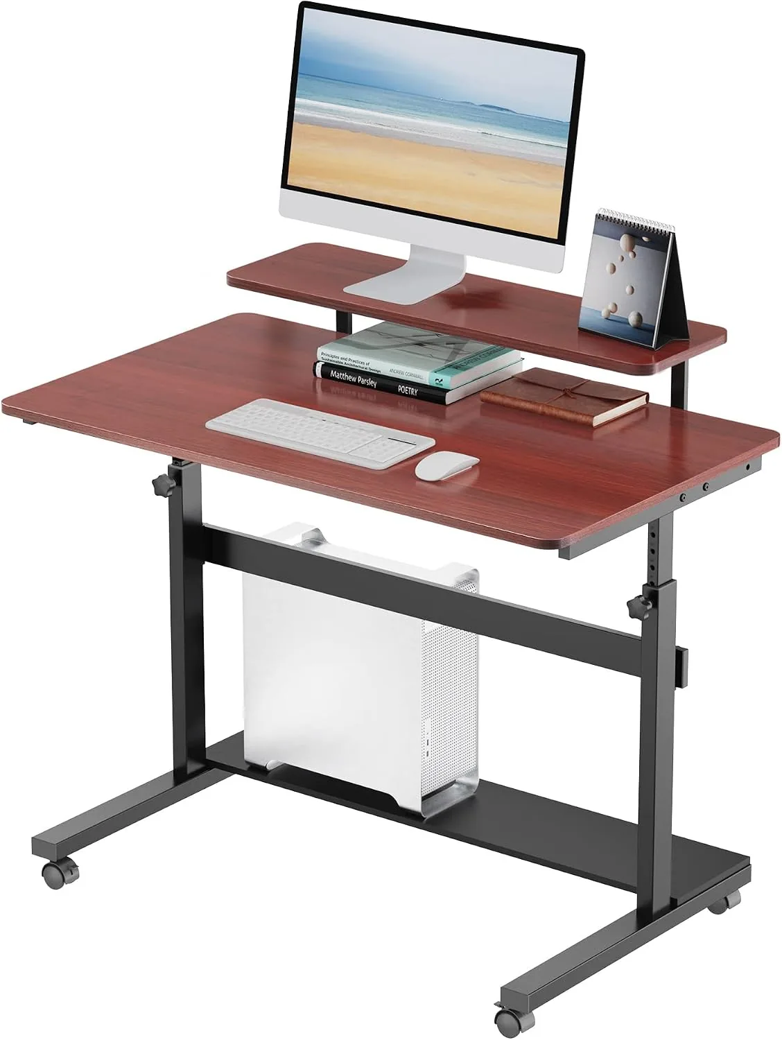 Eureka Ergonomic Mobile Standing Desk 41 Inch, Lockable Home Office Height Adjustable Computer Desk PC Table with Hutch, Teak Top