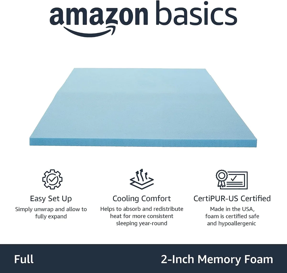 Amazon Basics Full Cooling Gel-Infused Memory Foam Mattress Topper, CertiPUR-US Certified, 2 Inches, Blue