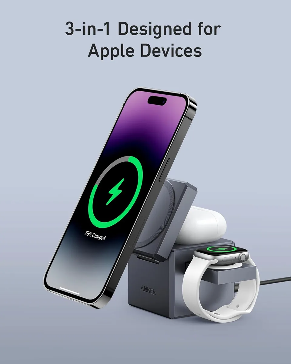 Anker 3-in-1 Cube Wireless Charger, MagSafe Charging Stand, 15W Foldable Fast Charging Station for iPhone 17/16/15, Apple Watch 1-8/Ultra, AirPods (Adapter Included, Non-Battery)