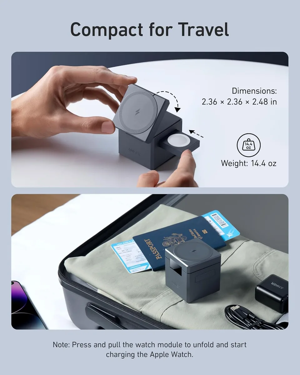 Anker 3-in-1 Cube Wireless Charger, MagSafe Charging Stand, 15W Foldable Fast Charging Station for iPhone 17/16/15, Apple Watch 1-8/Ultra, AirPods (Adapter Included, Non-Battery)
