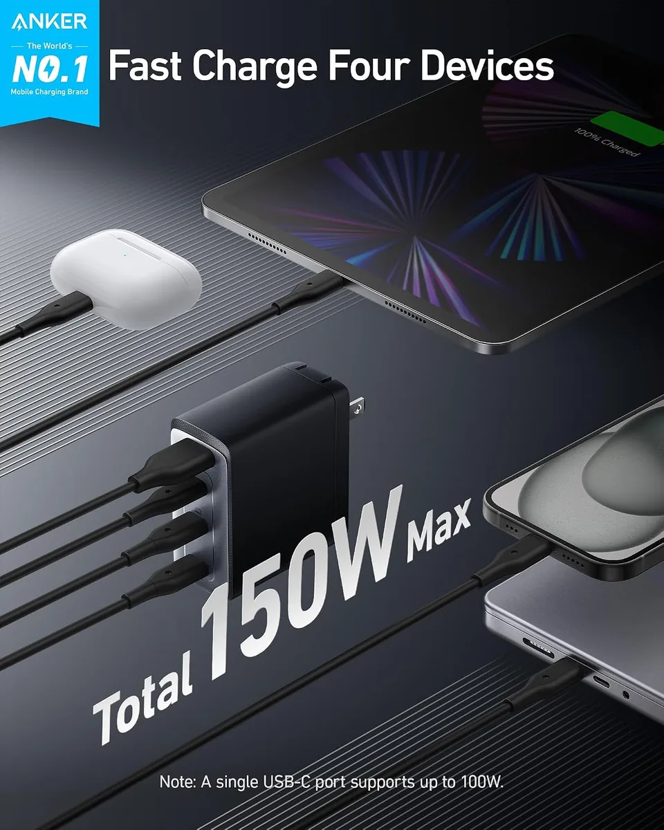 Anker 150W Max USB C Charger Block, 4-Port Compact Foldable GaN Charger for MacBook Pro/Air, iPhone 17/16 and More Series, Dell and More