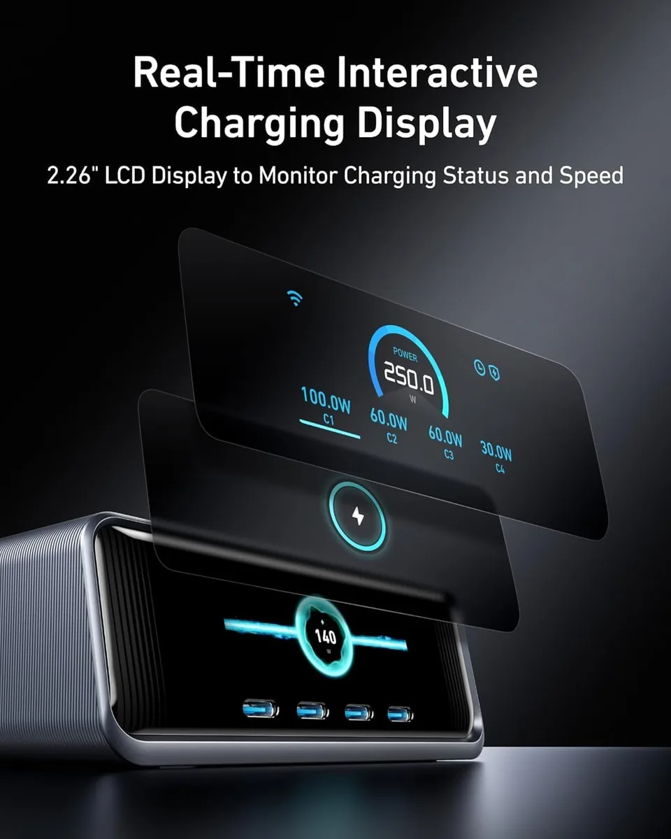 Anker Prime Charging Station, 250W 6-Port GaN USB C Charger, 2.26" LCD Smart Display Control, Compatible with iPhone, Galaxy, MacBook, Dell for Home Office, Gaming Desk Accessories