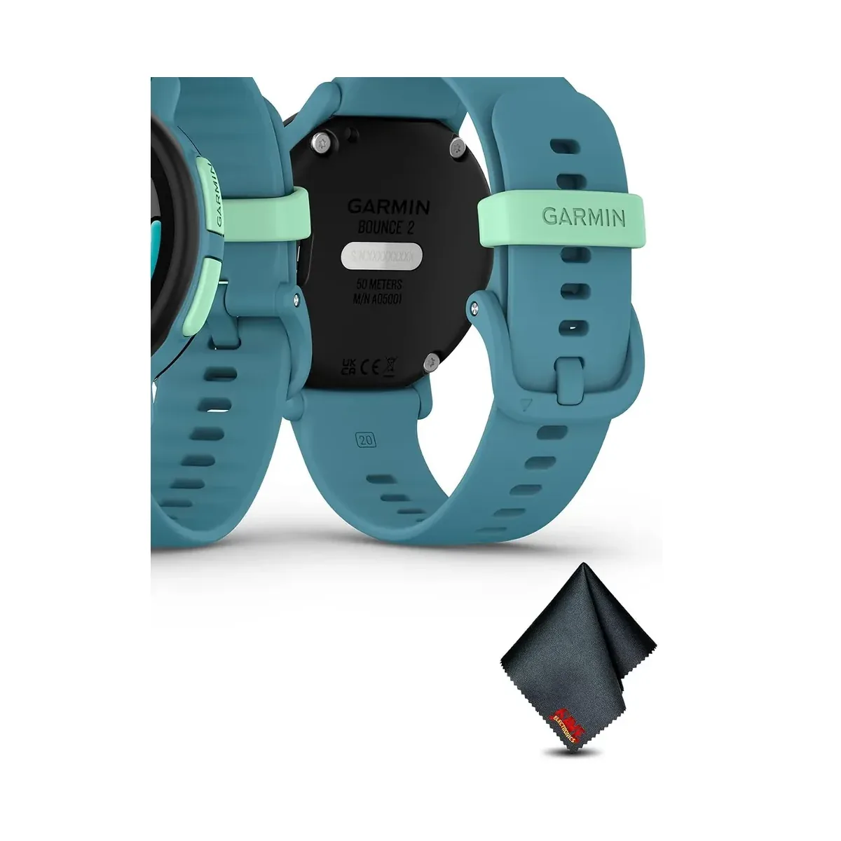 Garmin Bounce 2, Kids Smartwatch with Calling, Messaging and Location Tracking Features, Turquoise Bundle with Microfiber Cleaning Cloth product view 3