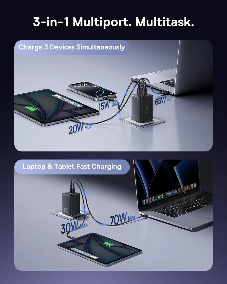 Baseus 100W USB C Charger Block, 3-Port Foldable Compact PPS Wall Charger, Fast Charging Power Adapter for MacBook Pro/Air, iPad, iPhone 17 Pro Max/Air, Galaxy S24, Steam Deck & More