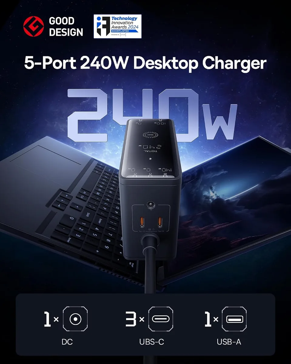 Baseus 240W Smart Charging Station, 5-in-1 Desktop USB C Charger with Digital LED Display, PD 3.1 Dual Laptop Type C Fast Charging for MacBook Pro, Dell XPS, Lenovo, iPhone 16, Galaxy S24
