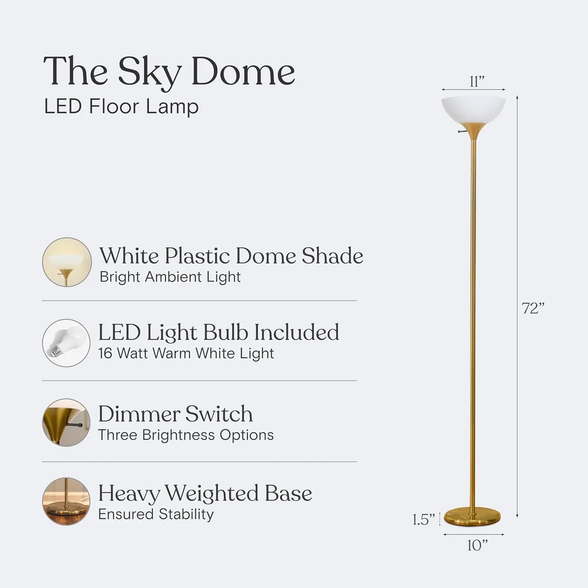 Brightech Sky Dome Dimmable LED Floor Lamp, Torchiere Floor Lamp for Living Room, Bedroom, & Office – Tall Torch Standing Lamp for Reading, Modern Home Decor – Brass/Gold