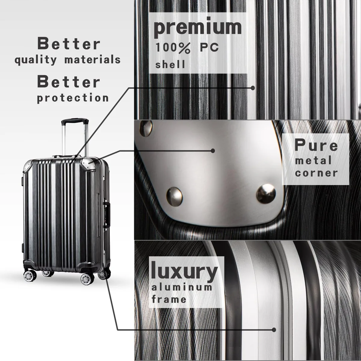Coolife Luggage Aluminium Frame Suitcase 3 Piece Set with TSA Lock 100%PC (BLACK) (wine red)