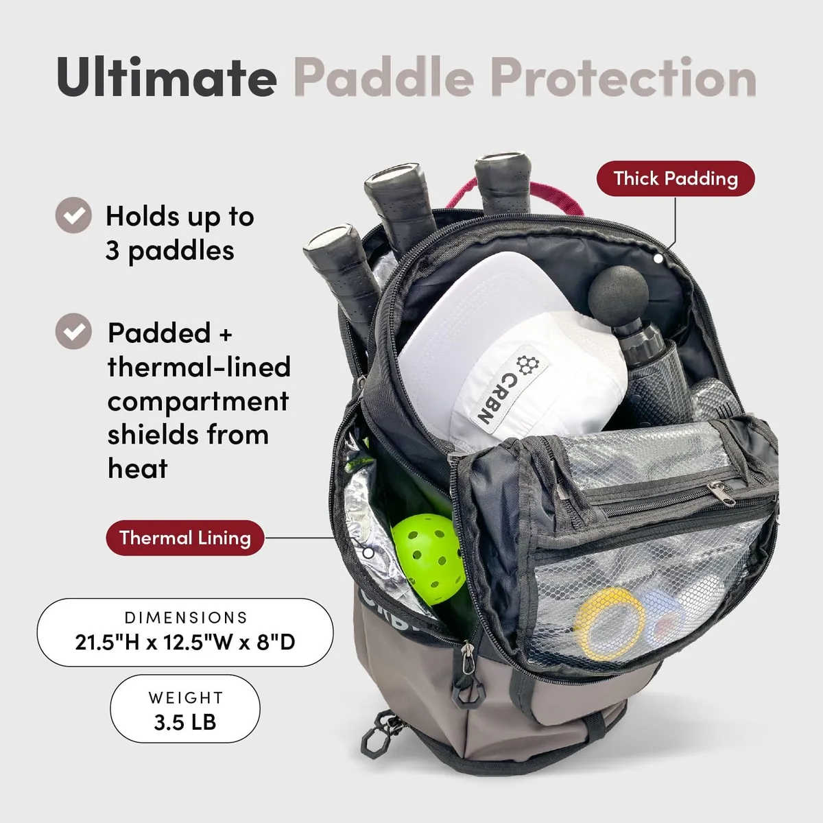 CRBN Pickleball - Backpack - Pro Team Pickleball Bag - Padded Compartment with Space for 3 Paddles, Shoes & More
