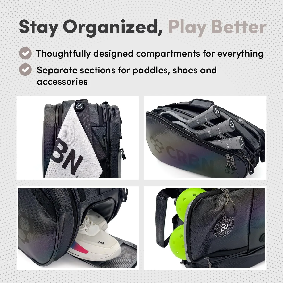 CRBN Pickleball - Pro Team Tour Pickleball Paddle Bag with Built-In Zip-Off Sling Bag - Padded Side Pockets for 6 Paddles, Shoes & More (Black)