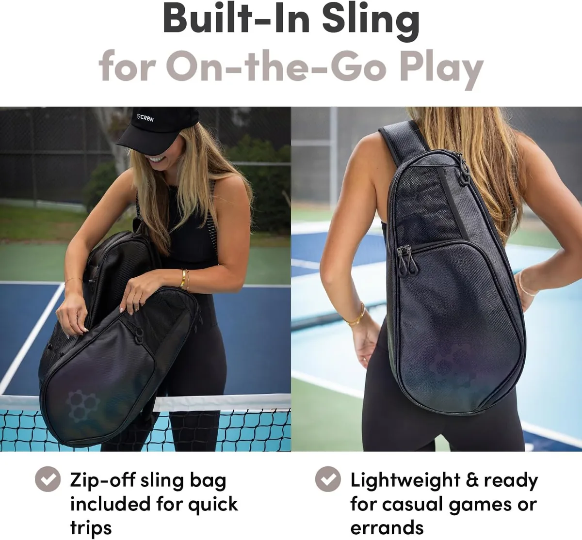 CRBN Pickleball - Pro Team Tour Pickleball Paddle Bag with Built-In Zip-Off Sling Bag - Padded Side Pockets for 6 Paddles, Shoes & More (Black)