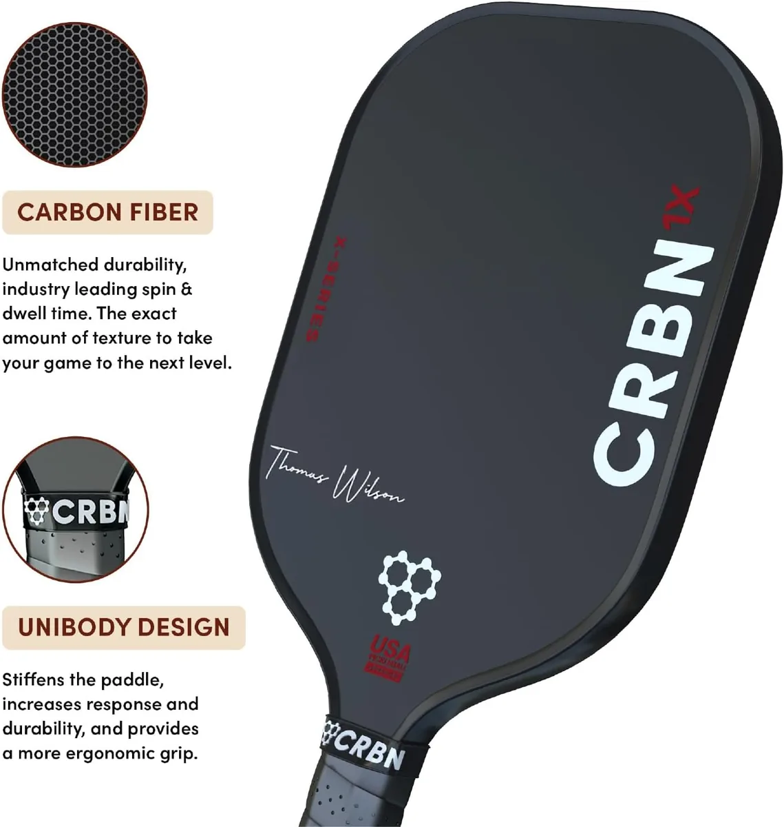 CRBN Pickleball - X Series Thomas Wilson Signature Edition Power Paddle - Carbon Fiber Pickleball Paddle with Foam Injected Edges for Expanded Sweet Spot (1X, 12mm)