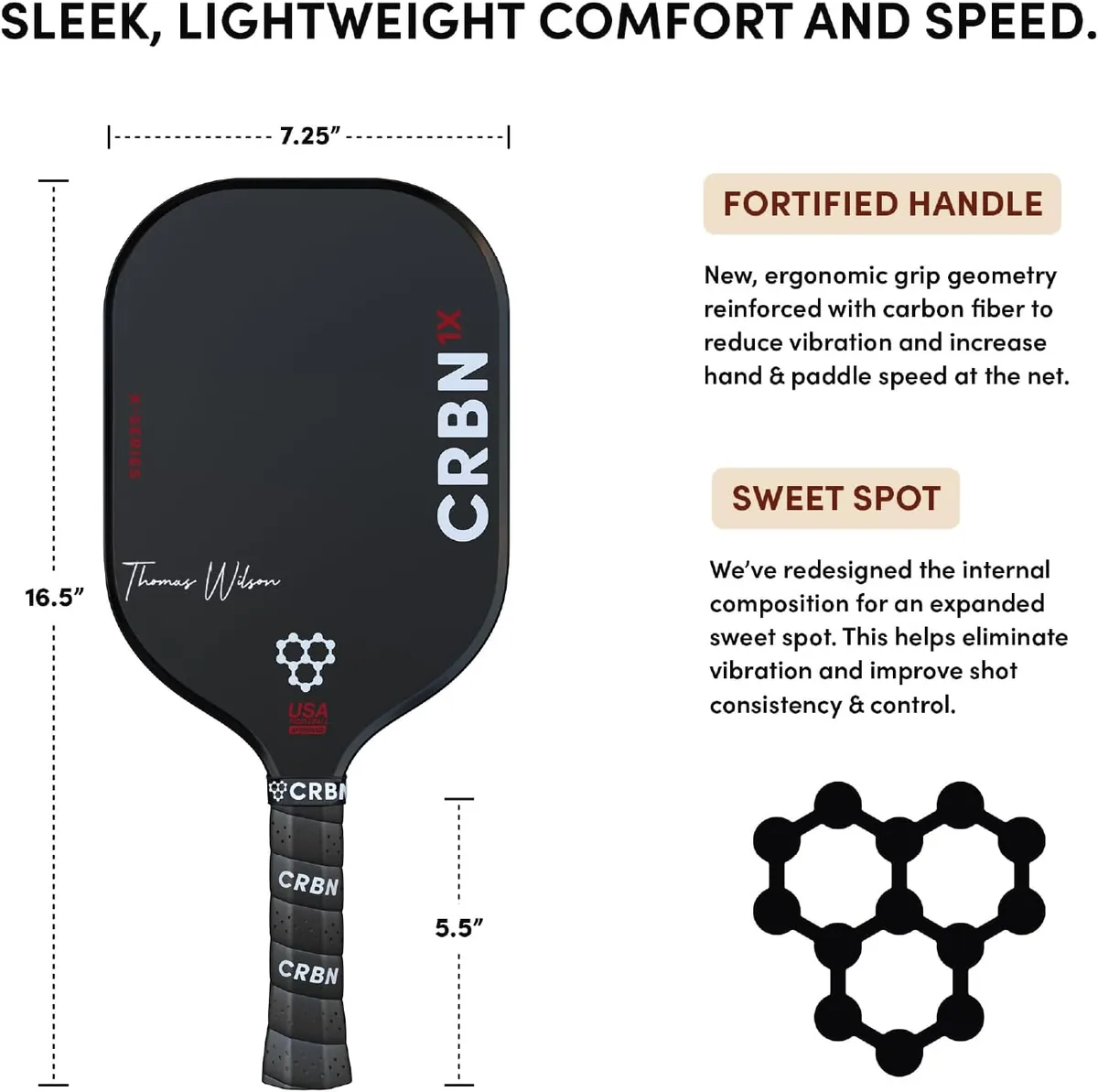 CRBN Pickleball - X Series Thomas Wilson Signature Edition Power Paddle - Carbon Fiber Pickleball Paddle with Foam Injected Edges for Expanded Sweet Spot (1X, 12mm)