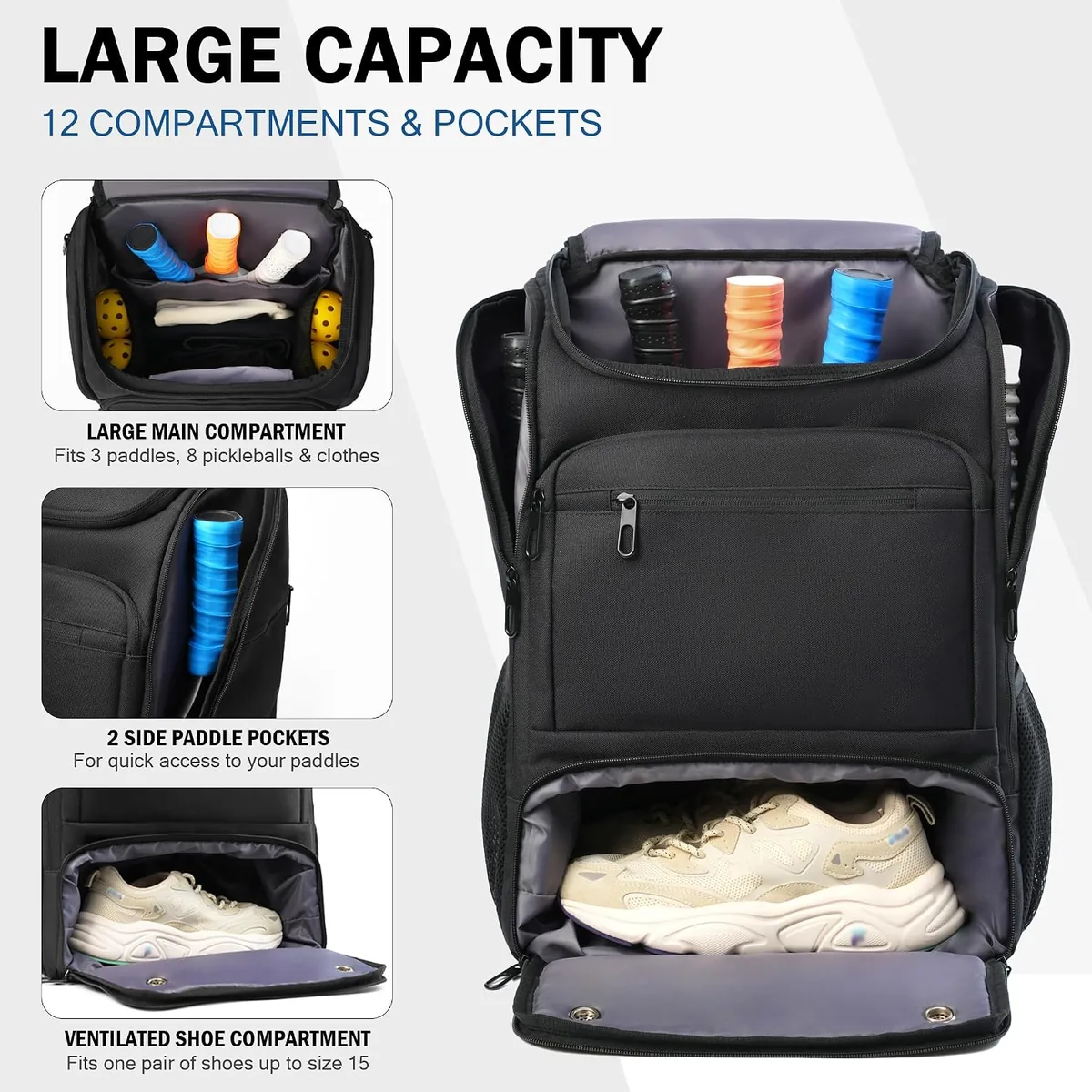 DBXINY Pickleball Bag Backpack Fits 4+ Paddles, Large Pickle ball Bags for Men and Women with Shoe Compartment and Fence Hook, Great Pickleball Gifts