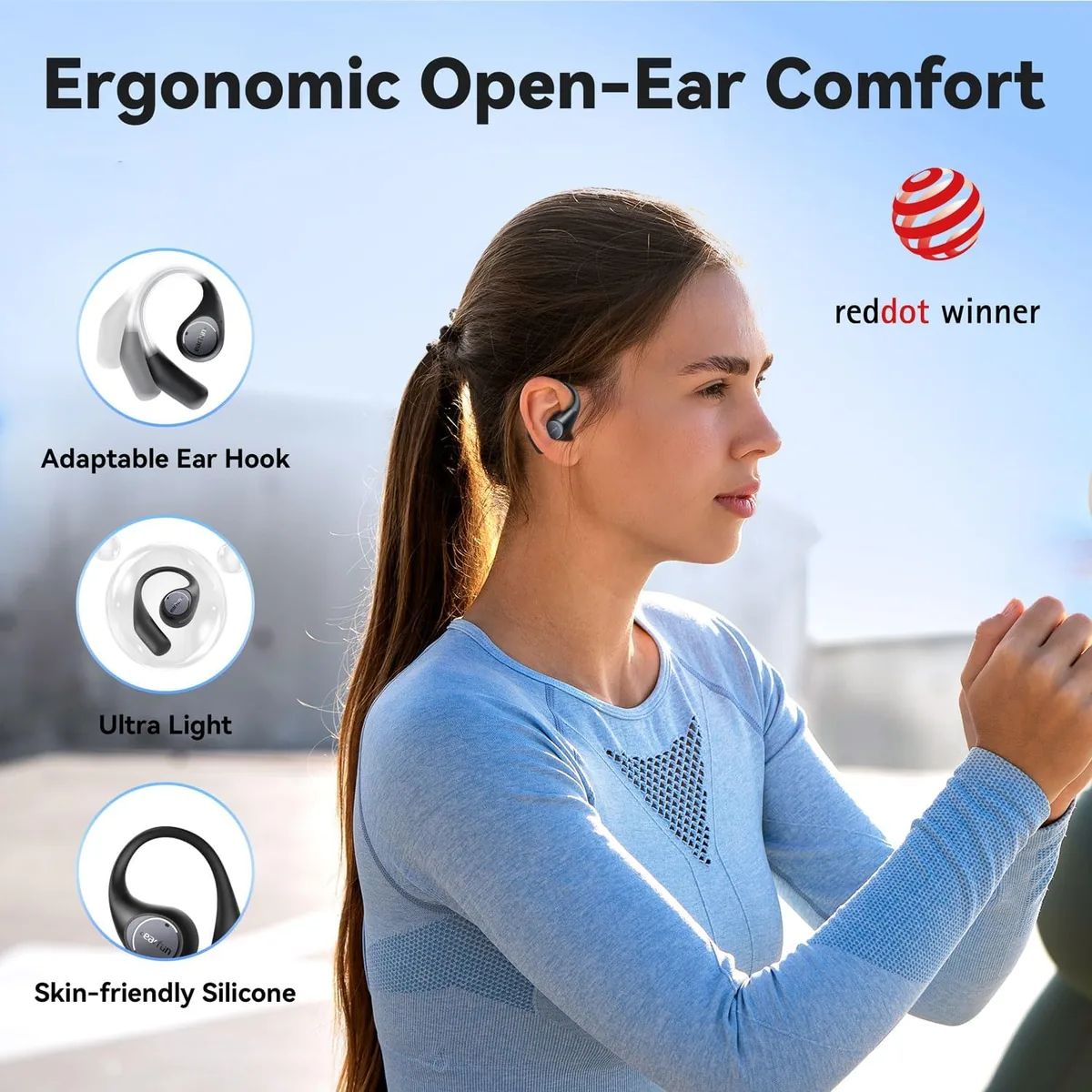 EarFun OpenJump Open Ear Headphones, Wireless Earbuds with Ergonomic Earhook, Hi-Res Sound, LDAC, 4 Mics ENC Call, 42H Playtime, Multipoint Connection, IPX7 Waterproof, Snug Fit for Workout, Running