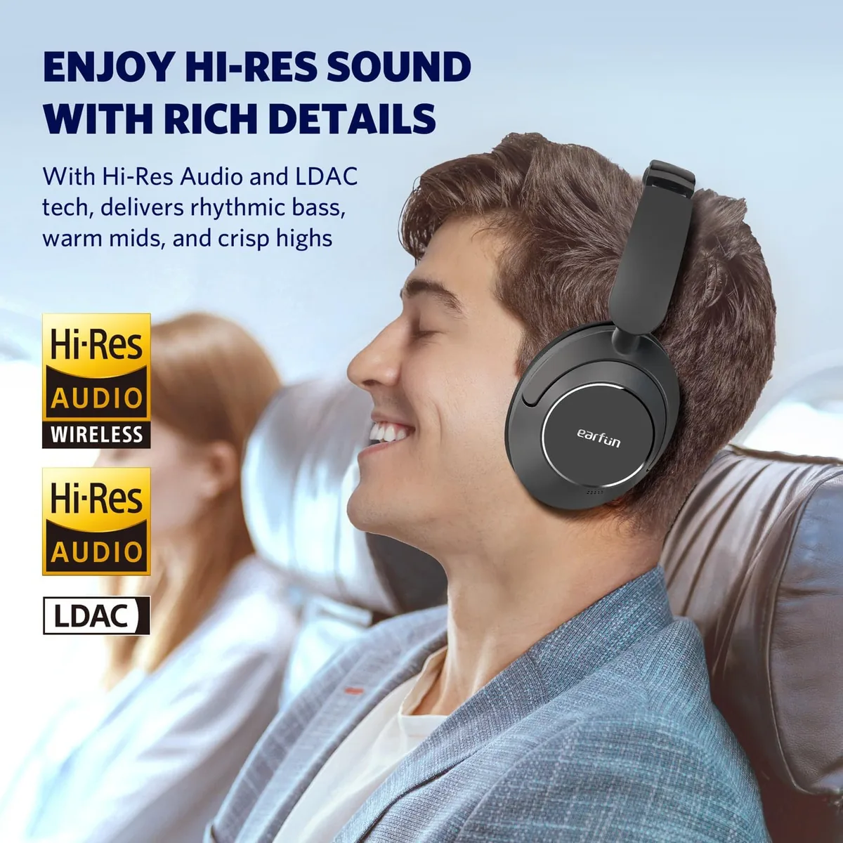 EarFun Wave Pro Active Noise Canceling Headphones, Wireless Over Ear Bluetooth Headphones, LDAC Hi-Res Sound, 5 Mics AI Clear Call, 80H Playtime, Multipoint Connection