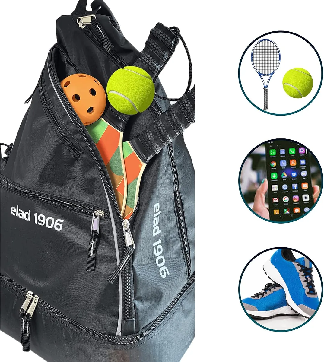 ELAD 1906 Pickleball Sling Bag with Shoe Compartment for Men & Women – Large Paddle Backpack with Fence Hook & Water Bottle Holder – Fits 2 Pickleball Paddles or Tennis Rackets