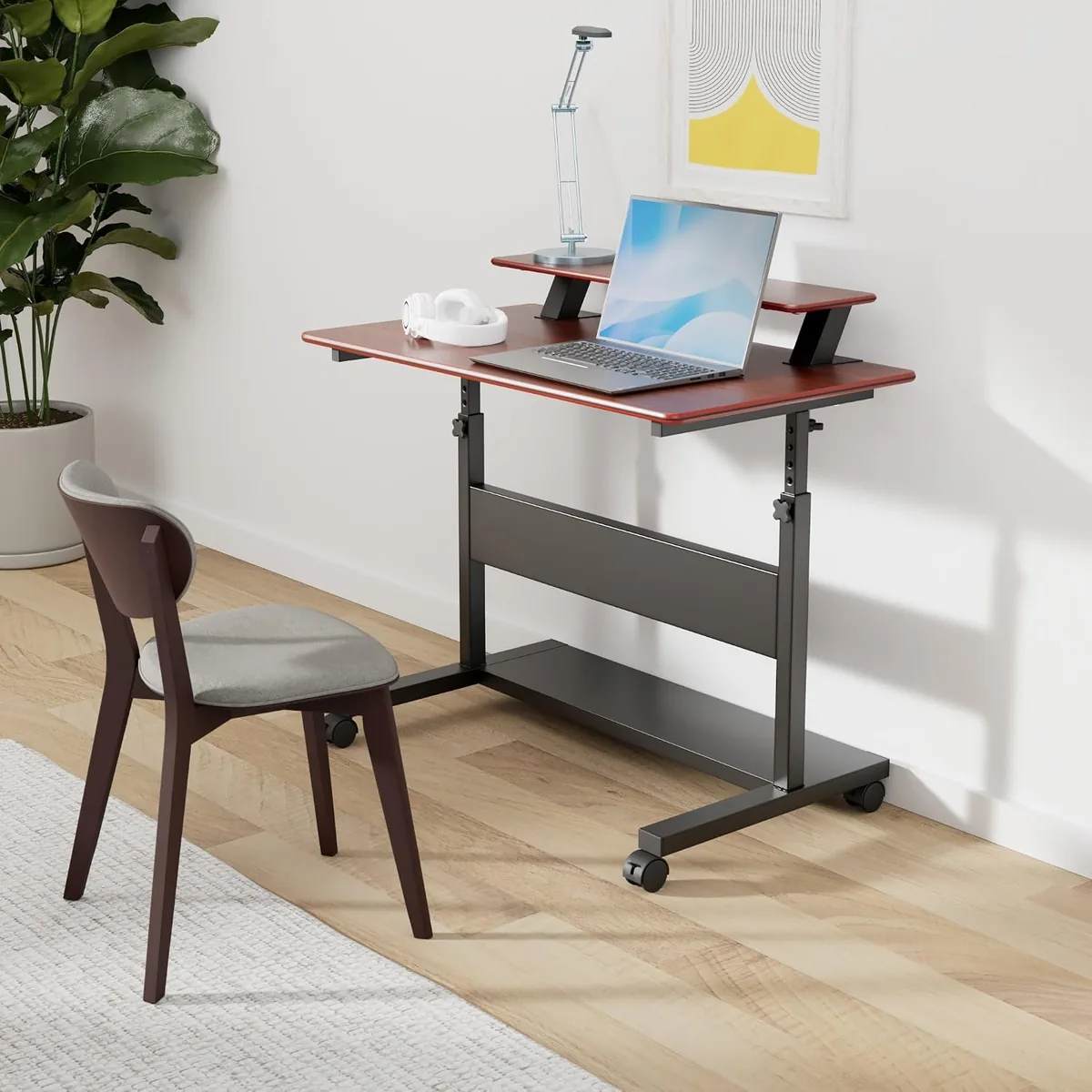 Eureka Ergonomic Mobile Standing Desk 41 Inch, Lockable Home Office Height Adjustable Computer Desk PC Table with Hutch, Teak Top