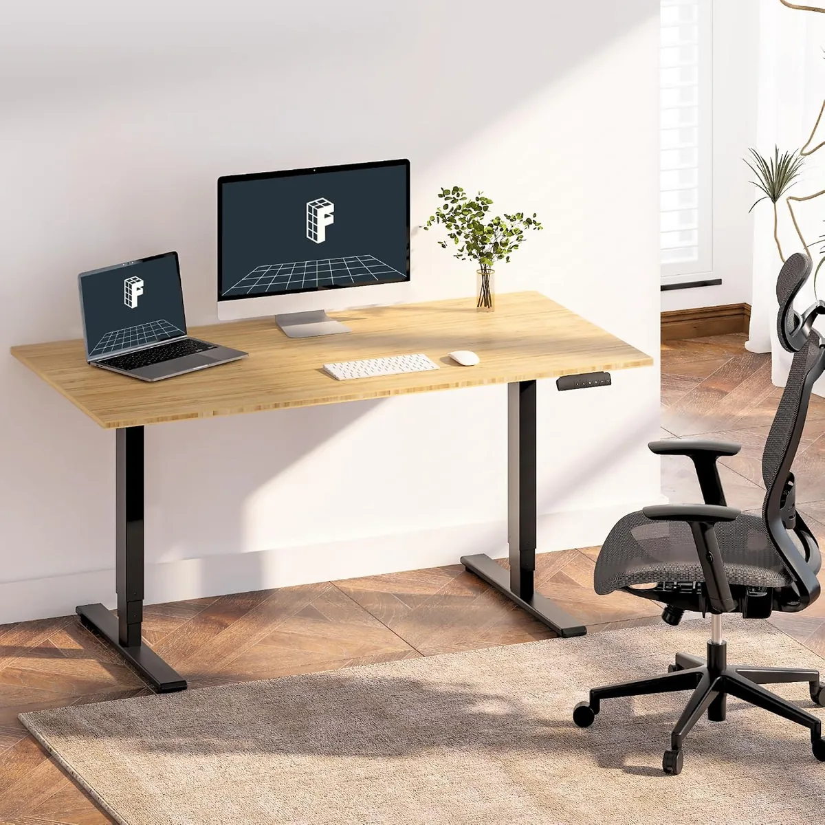 FlexiSpot E6 Bamboo 3-Stage Dual Motor Electric Standing Desk 48 x 24 Sit Stand Up Desk, Holds 220 lbs, Adjustable Height w/ Memory Presets, Solid Bamboo Desktop & Black Frame, Ships in 2 Boxes