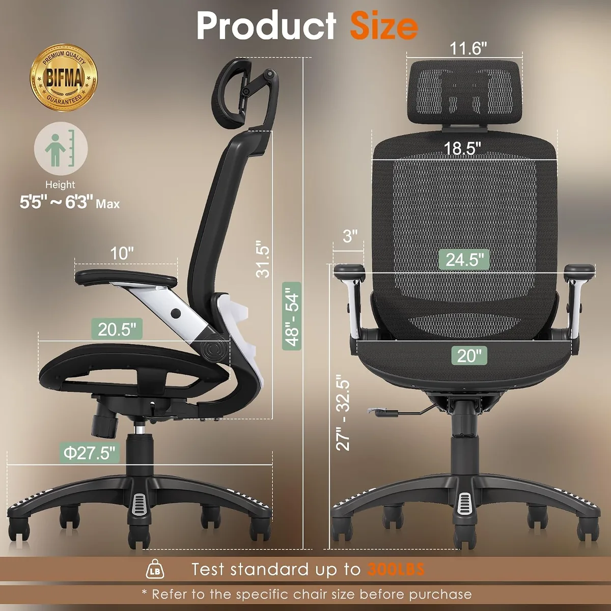 GABRYLLY Ergonomic Office Chair, High Back Home Desk Chair with Headrest, Flip-Up Arms, 90-120° Tilt Lock and Wide Cushion, Big and Tall Mesh Chairs for Man Woman, Black Task Chair