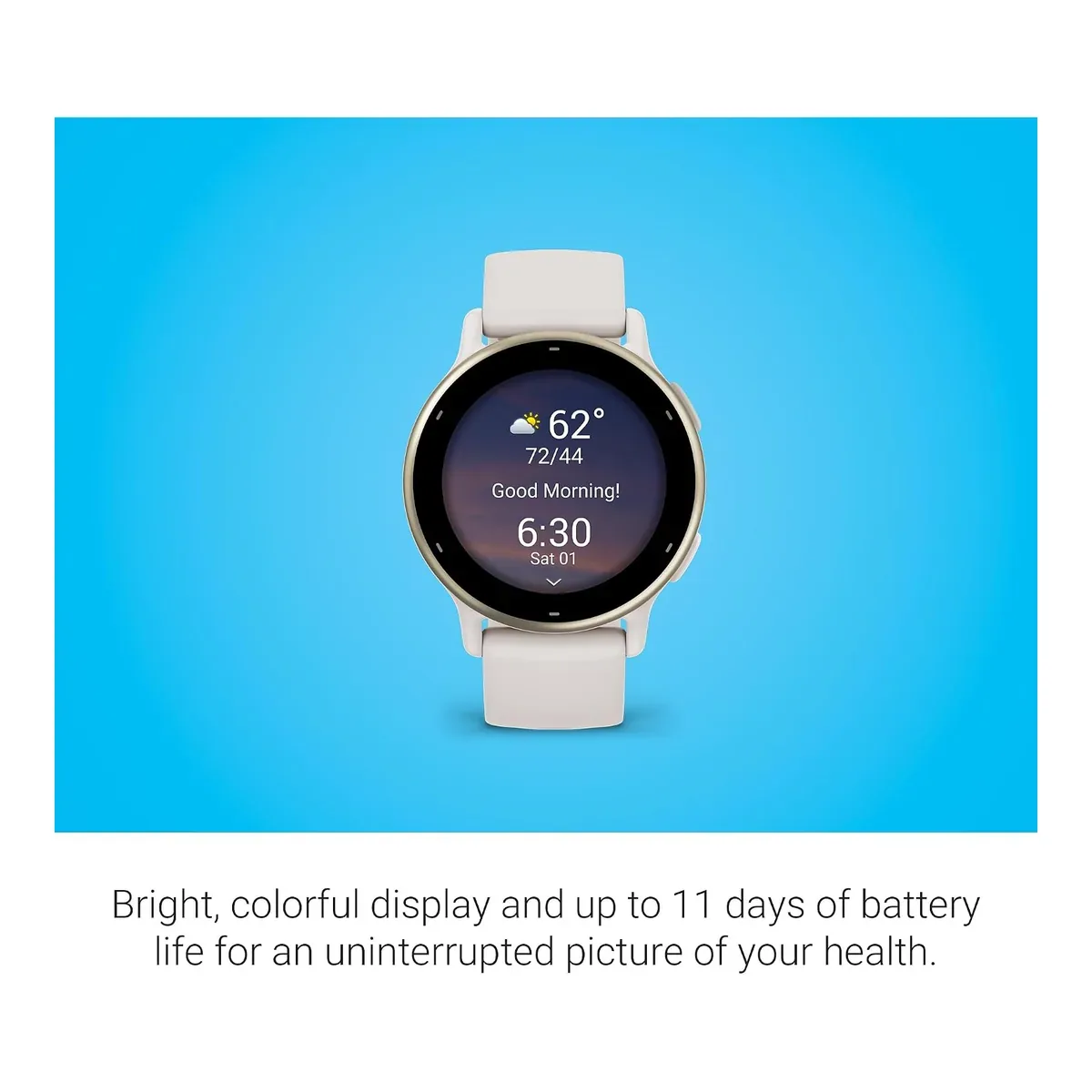 Garmin vívoactive 5 Ivory smartwatch with colorful AMOLED morning report display