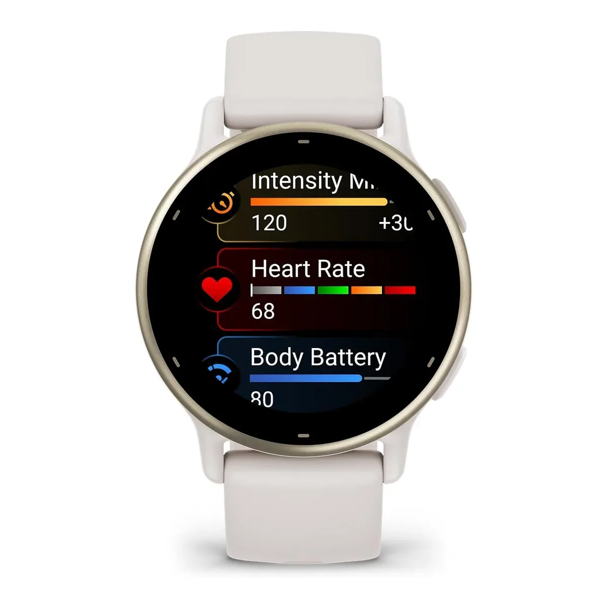 Garmin vívoactive 5 AMOLED display showing heart rate and Body Battery metrics