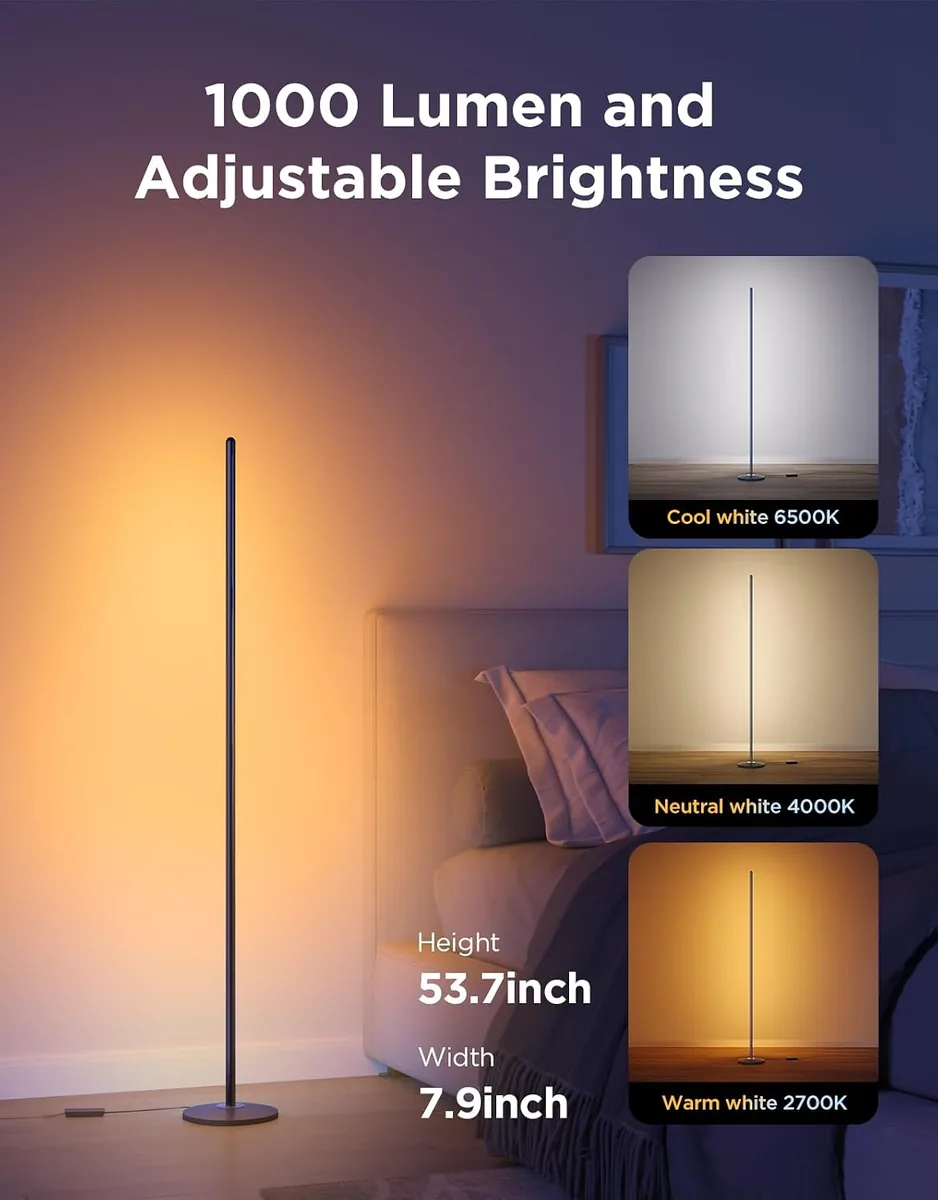 Govee RGBIC Floor Lamp Basic, 1000lm LED Corner Lamp Compatible with SmartThings, Alexa, and Matter, Modern Floor Lamp with Music Sync and 16 Million DIY Colors, Standing Lamp for Bedroom Living Room