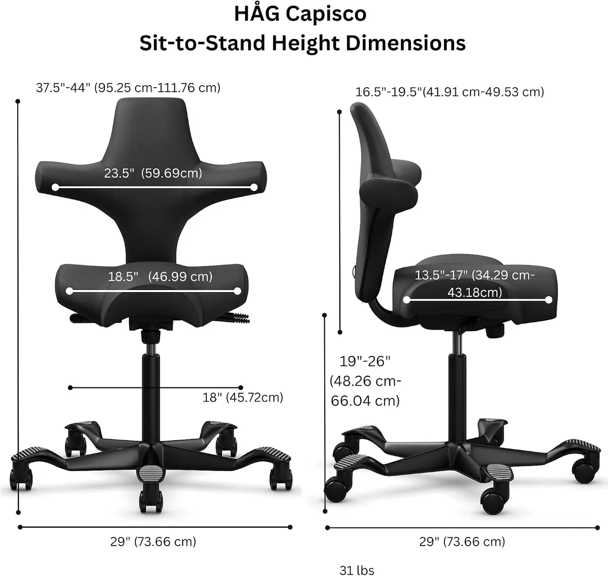 HAG Capisco Adjustable Sit to Stand Desk Chair - Black Frame - Polyester Black Seat