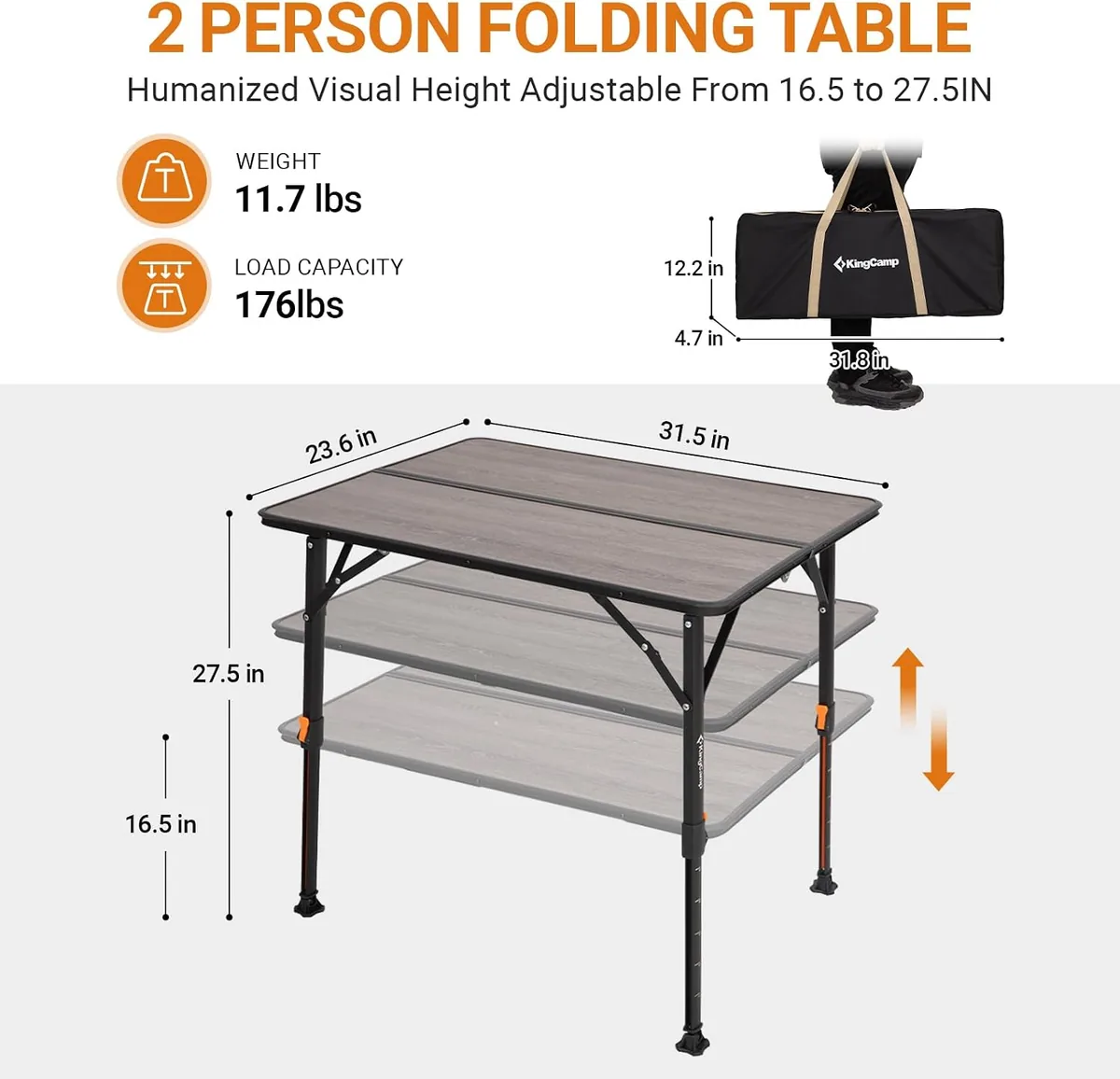 KingCamp Folding Camping Table, Ultralight Portable Folding Fiber Glass Camp Table with Adjustable Height, Heavy Duty Aluminum Legs & Carry Bag for Outdoor, Picnic, Beach, Party, BBQ (2-4 People)