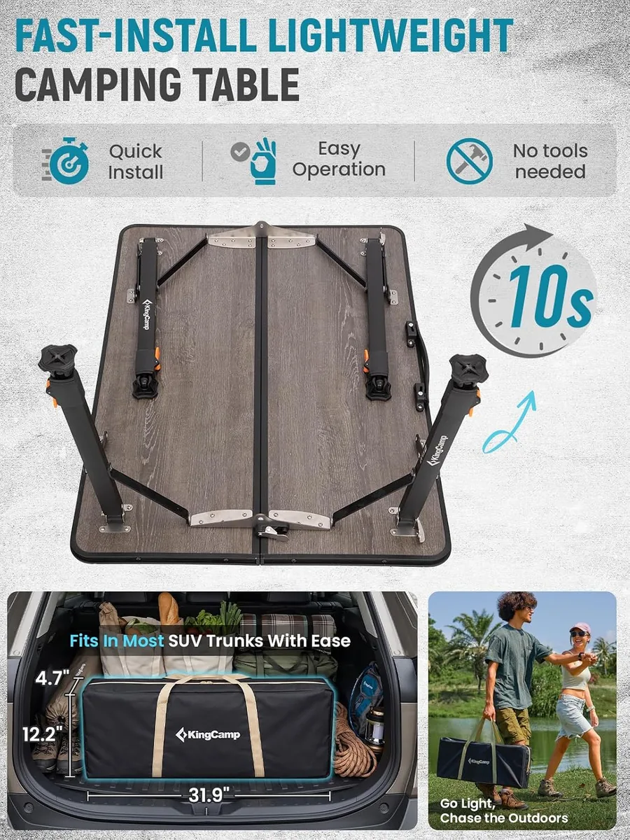 KingCamp Folding Camping Table, Ultralight Portable Folding Fiber Glass Camp Table with Adjustable Height, Heavy Duty Aluminum Legs & Carry Bag for Outdoor, Picnic, Beach, Party, BBQ (2-4 People)