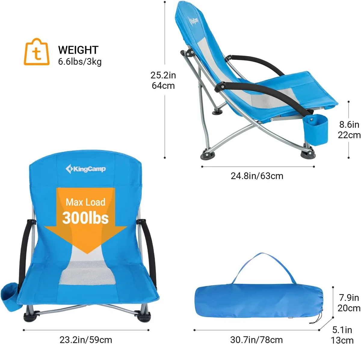 KingCamp Low Beach Chair, High Back Folding Camping Chair for Adults, Oversized Breathable Mesh Seat, 300lbs Heavy Duty Portable Chair with Cup Holder & Storage Pockets for Beach, Outdoor