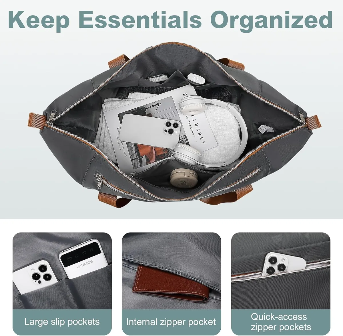 Kono Travel Duffel Bag, Gym Bag for Women with Wet Pocket, Travel Weekender Overnight Carry on Bag with Detachable Shoulder Strap Grey/Brown