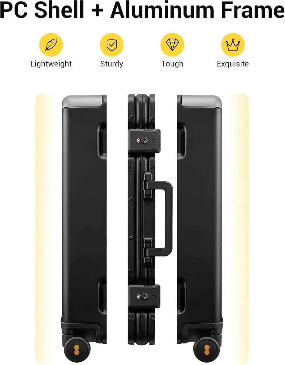 LEVEL8 Zipperless Carry On Suitcase Airline Approved with Aluminum Frame, Hard Shell Luggage with Spinner Wheels, Metal Travel Luggage with Double Tsa Locks, 20 Inch, Black