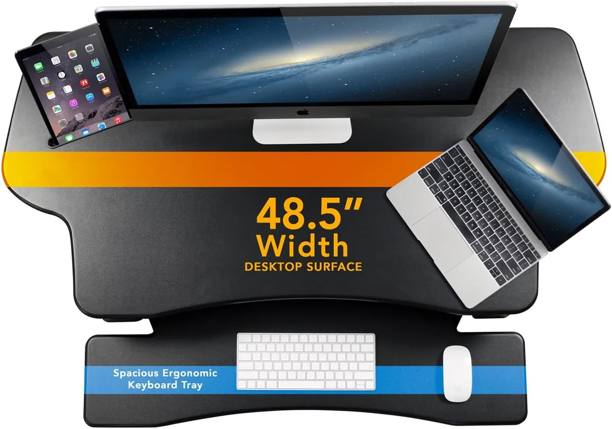 Mount-It! 48.5" Electric Standing Desk Converter for Dual Monitors, Motorized Sit Stand Electric Desk Riser with USB Port & Device Slot, Keyboard Tray, Adjustable Height Ergonomic Workstation, Black