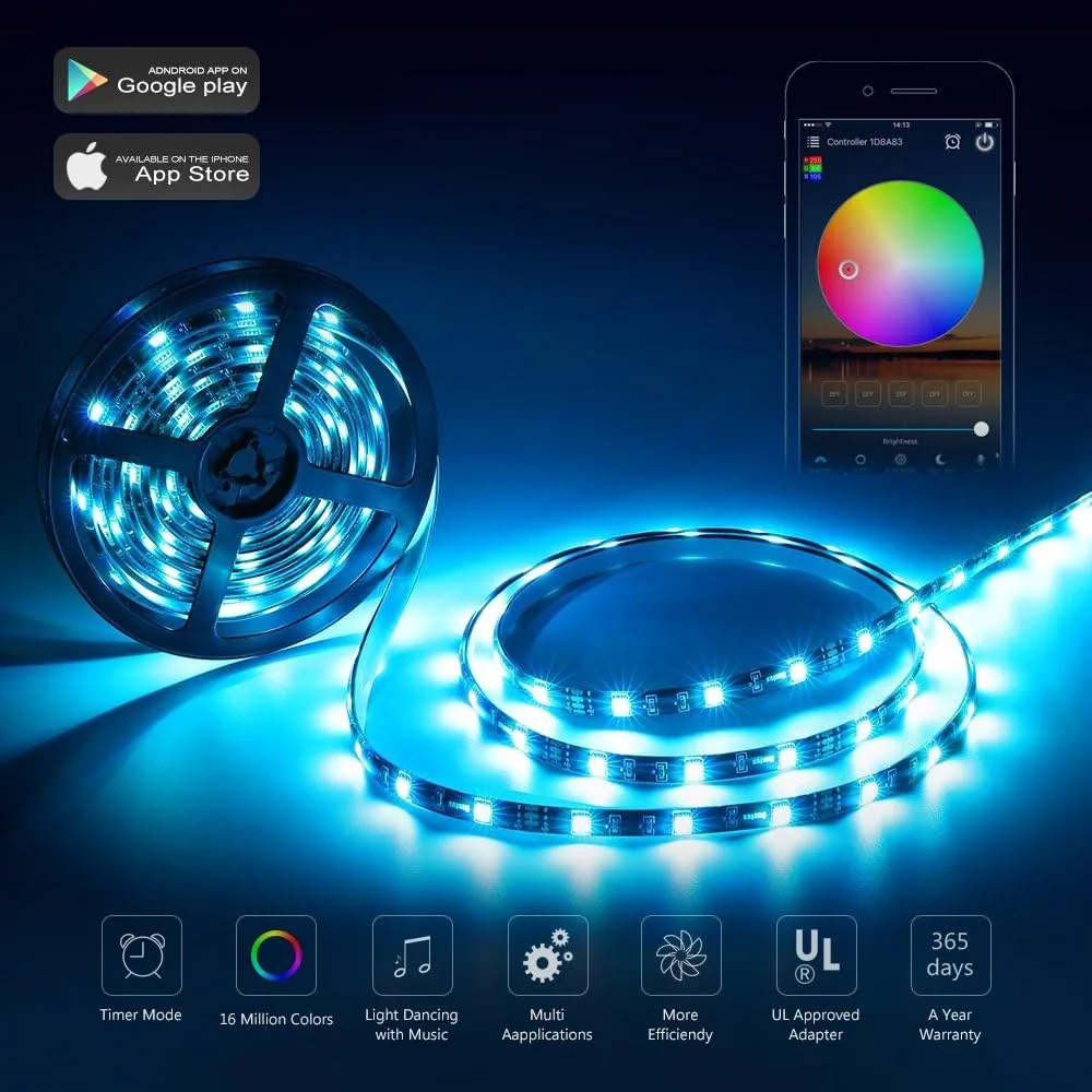 Nexlux LED Strip Lights, WiFi Wireless Smart Phone Controlled 16.4ft Non-Waterproof Strip Light Kit Black Color Changing Lights,Working with Android and iOS System,IFTTT