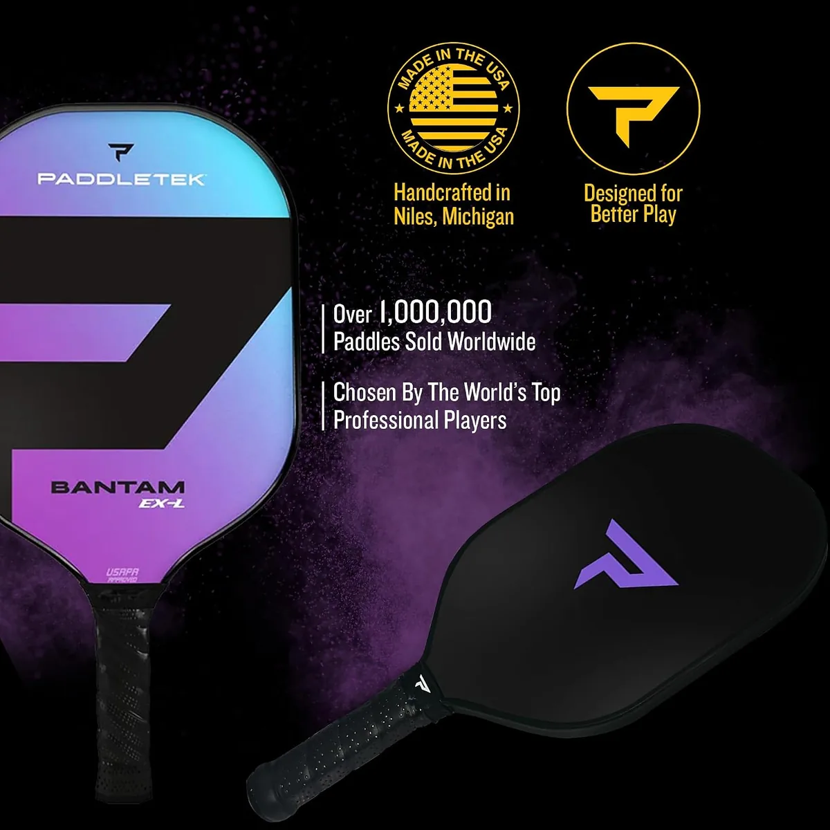 Paddletek Bantam EX-L Pickleball Paddle | Professional Pickleball Paddles with Honeycomb Core, Polycarbonate Surface, Bantom PolyCore & High Tack Performance Grip | USAPA Approved - Aurora Purple