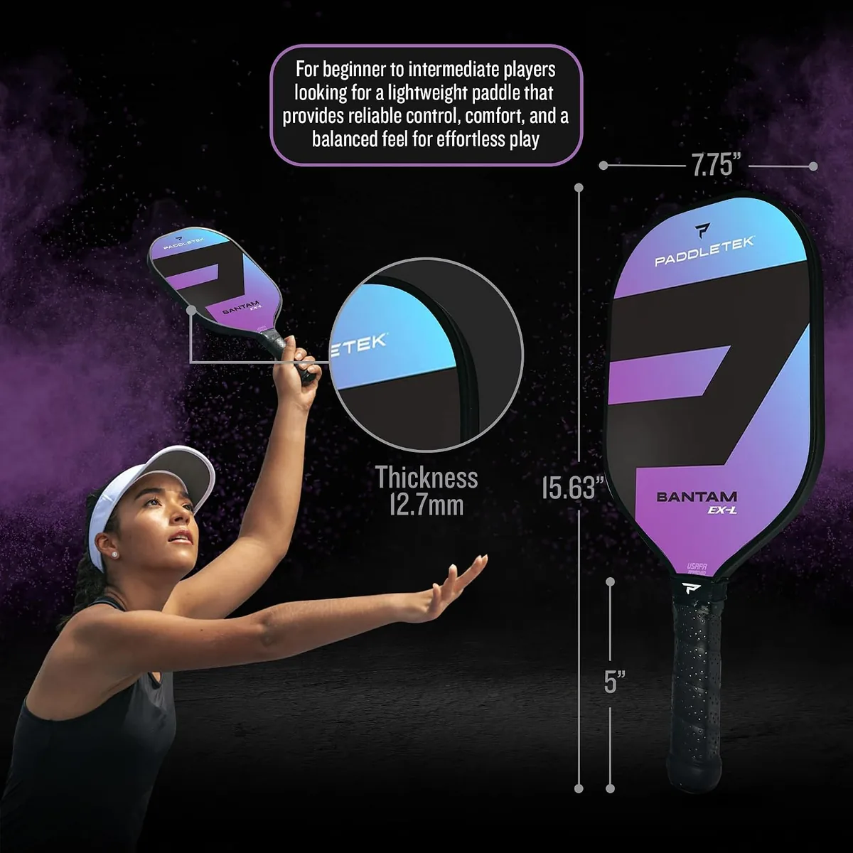 Paddletek Bantam EX-L Pickleball Paddle | Professional Pickleball Paddles with Honeycomb Core, Polycarbonate Surface, Bantom PolyCore & High Tack Performance Grip | USAPA Approved - Aurora Purple