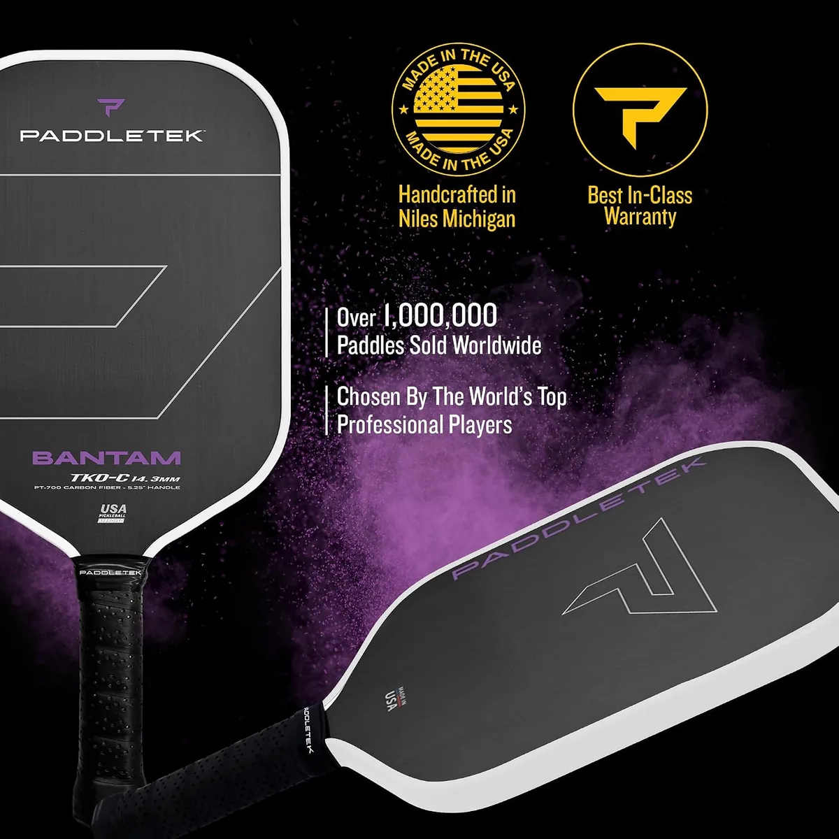 Paddletek Bantam TKO-C 14.3mm Pickleball Paddles with Polymer Honeycomb Core - Unidirectional Carbon Fiber – Torsional Weighting & High Tack Performance Grip - USAPA Approved - 5.25 Inch Handle