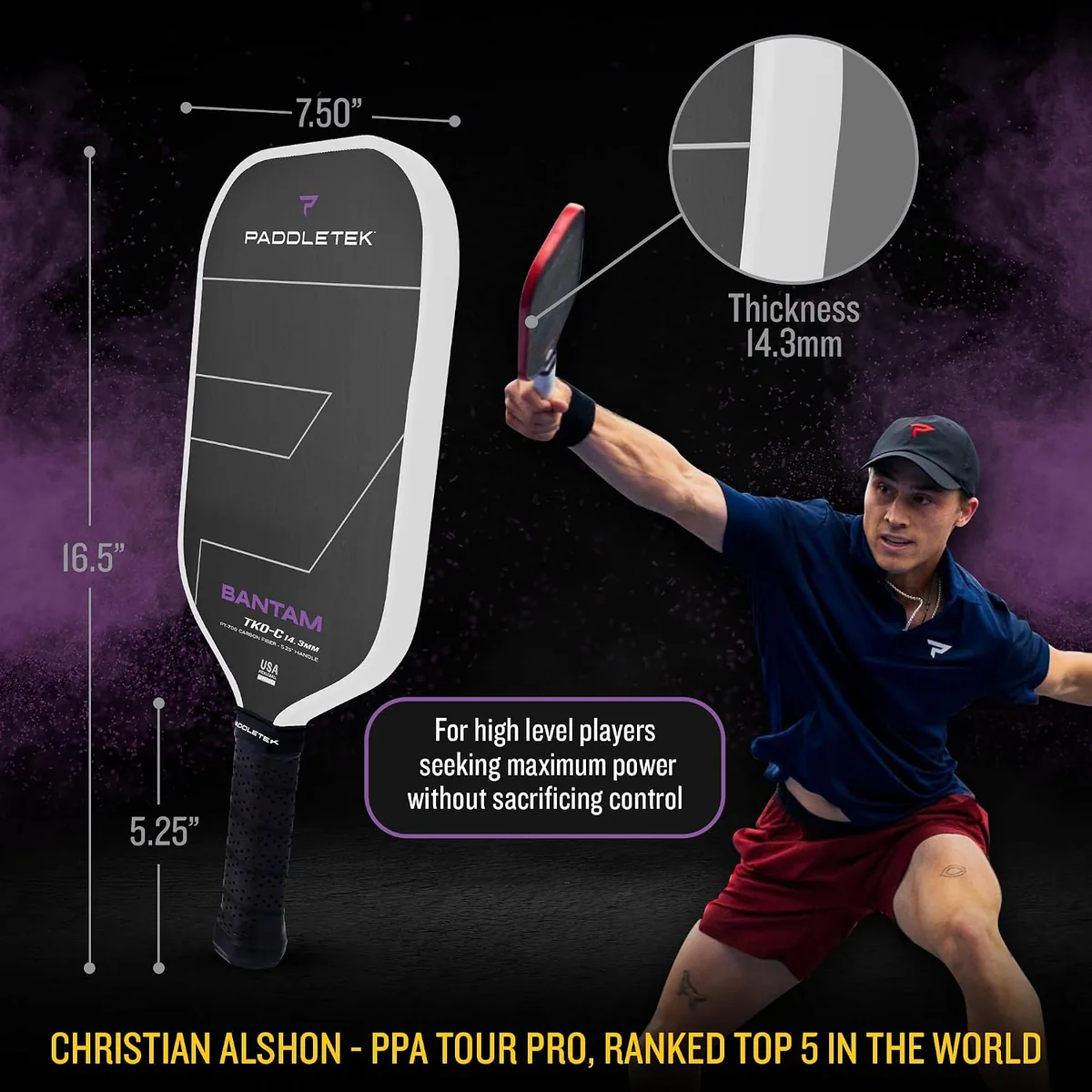 Paddletek Bantam TKO-C 14.3mm Pickleball Paddles with Polymer Honeycomb Core - Unidirectional Carbon Fiber – Torsional Weighting & High Tack Performance Grip - USAPA Approved - 5.25 Inch Handle
