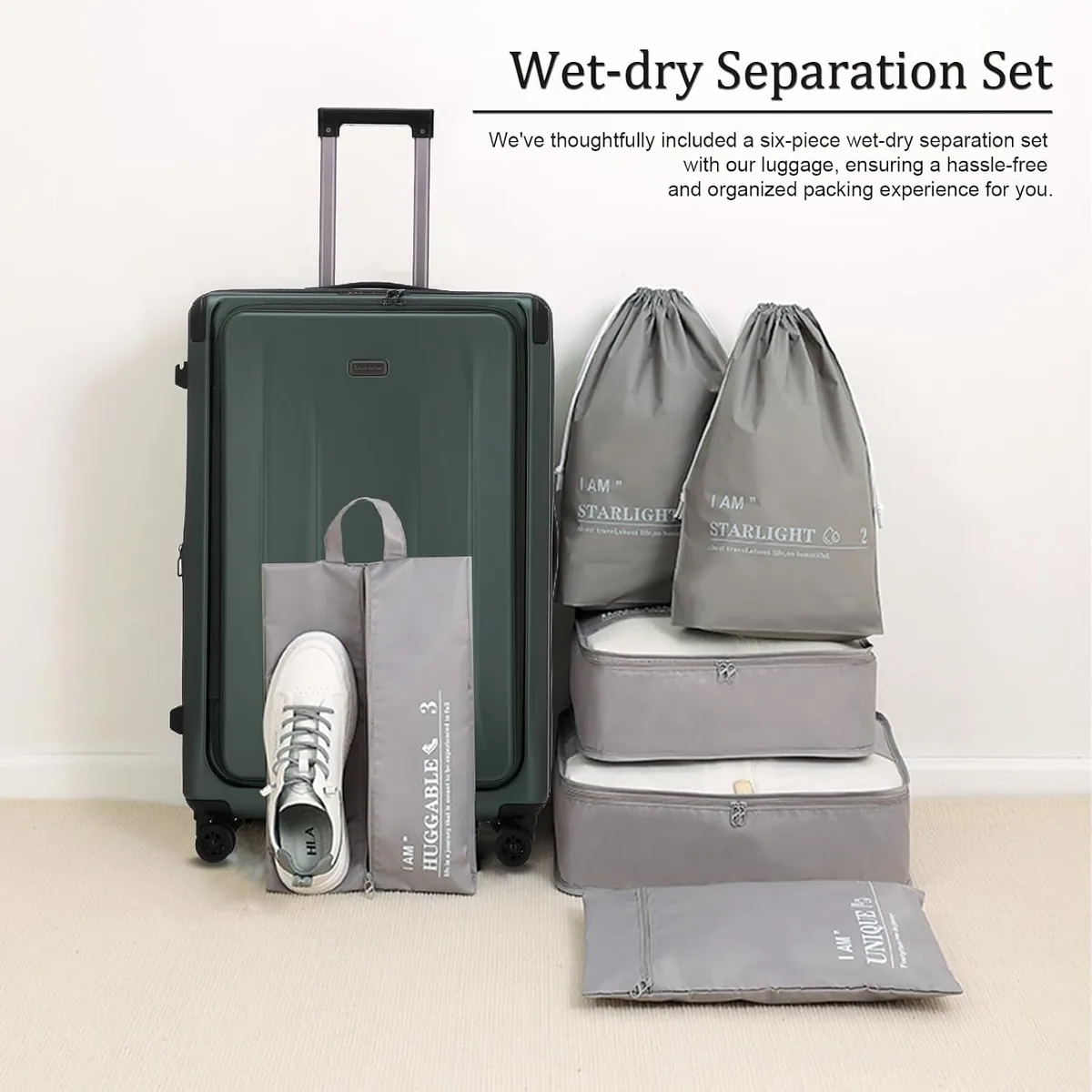 Premium Carry On Luggage, 20 Inch Top Opening Aluminum Frame Lightweight Airline Approved ABS+PC Hard Shell Suitcases with Silent Wheels, TSA Lock, Front Pocket and Wet-dry Separated Six-piece Set